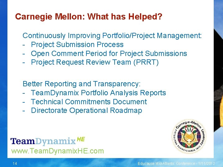 Carnegie Mellon: What has Helped? Continuously Improving Portfolio/Project Management: - Project Submission Process -