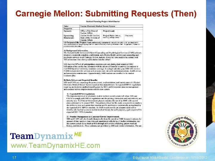 Carnegie Mellon: Submitting Requests (Then) www. Team. Dynamix. HE. com 17 Educause Mid-Atlantic Conference