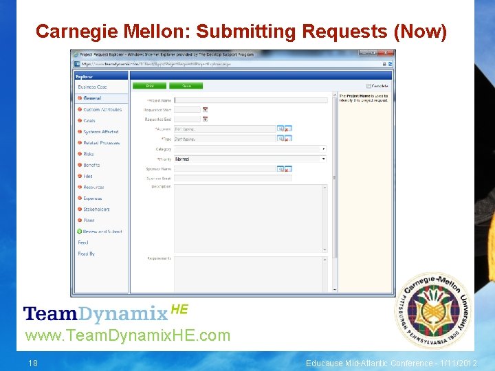 Carnegie Mellon: Submitting Requests (Now) www. Team. Dynamix. HE. com 18 Educause Mid-Atlantic Conference