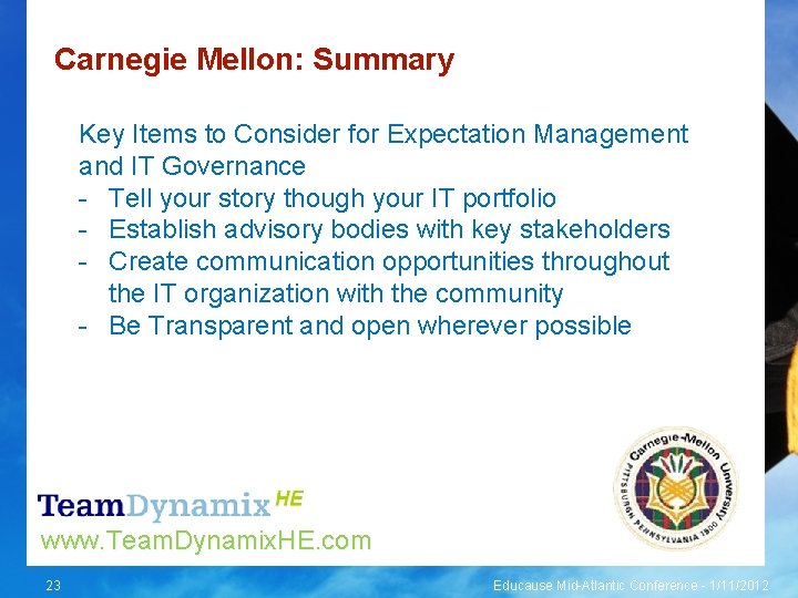 Carnegie Mellon: Summary Key Items to Consider for Expectation Management and IT Governance -