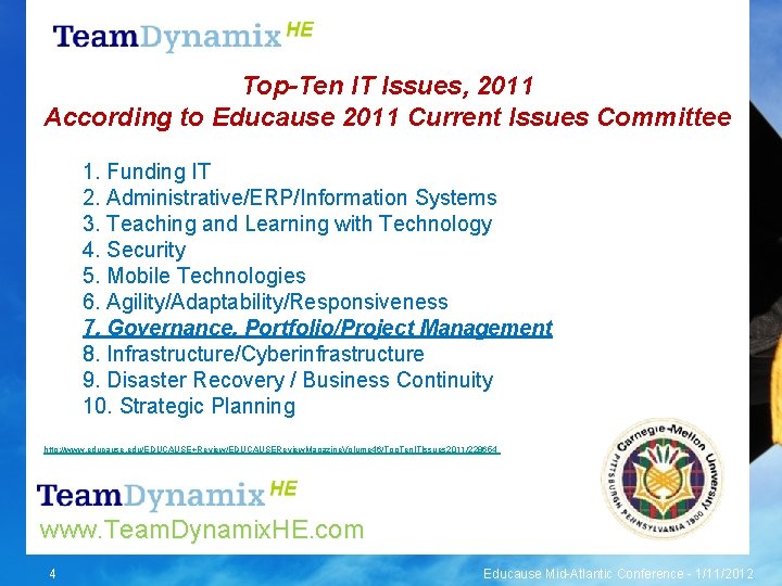 Top-Ten IT Issues, 2011 According to Educause 2011 Current Issues Committee 1. Funding IT