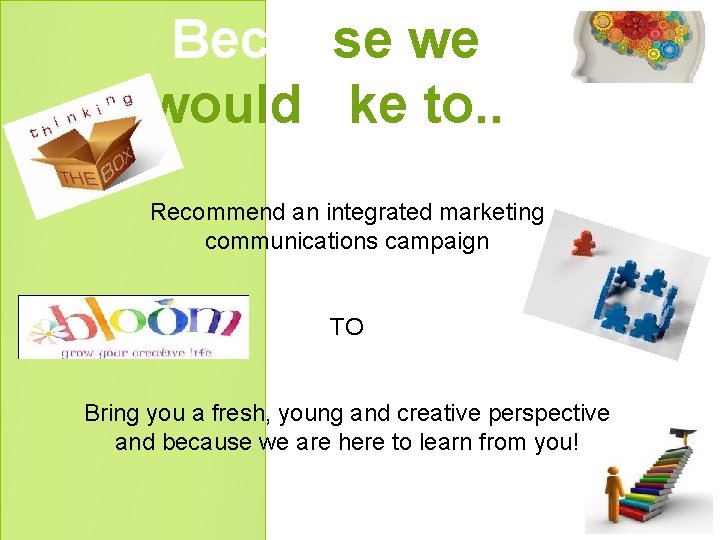 Because we would like to. . Recommend an integrated marketing communications campaign TO Bring Because we would like to. . Recommend an integrated marketing communications campaign TO Bring