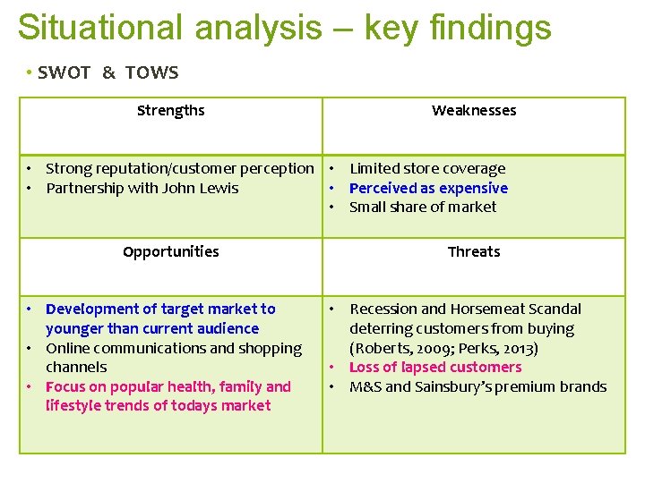 Situational analysis – key findings • SWOT & TOWS Strengths Weaknesses • Strong reputation/customer Situational analysis – key findings • SWOT & TOWS Strengths Weaknesses • Strong reputation/customer