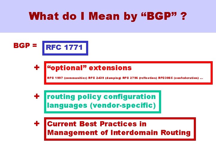 What do I Mean by “BGP” ? BGP = + RFC 1771 “optional” extensions