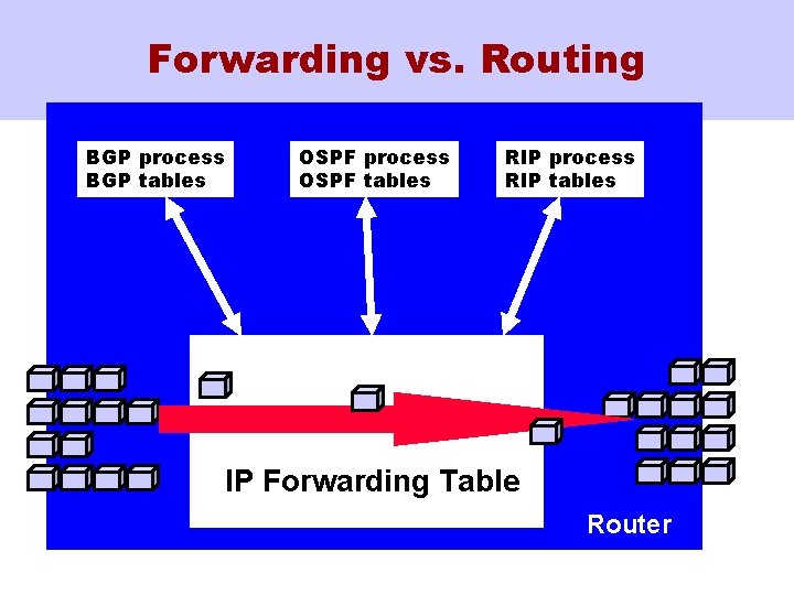 Forwarding vs. Routing BGP process BGP tables OSPF process OSPF tables RIP process RIP