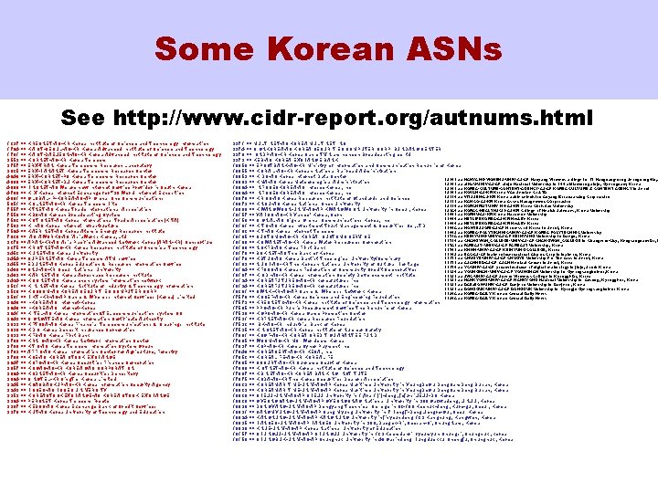 Some Korean ASNs See http: //www. cidr-report. org/autnums. html 1237 1704 1781 3559 3757