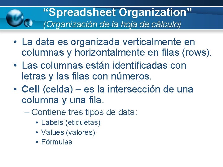 “Spreadsheet Organization” (Organización de la hoja de cálculo) • La data es organizada verticalmente