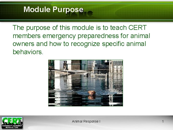 Module Purpose The purpose of this module is to teach CERT members emergency preparedness