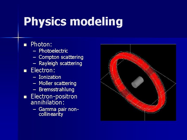 Physics modeling n Photon: – – – Photoelectric Compton scattering Rayleigh scattering n Electron:
