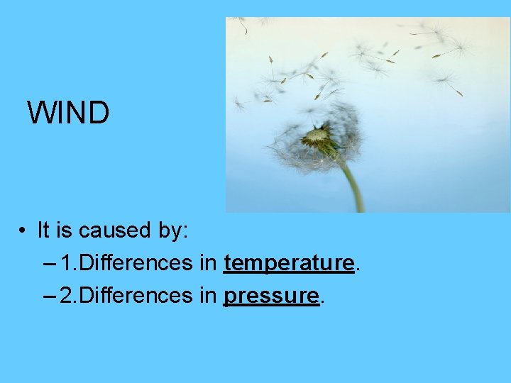 WIND • It is caused by: – 1. Differences in temperature. – 2. Differences WIND • It is caused by: – 1. Differences in temperature. – 2. Differences
