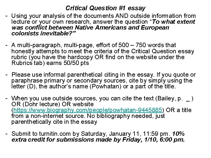 Critical Question #1 essay - Using your analysis of the documents AND outside information