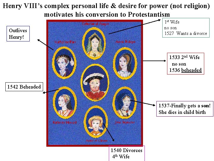 Henry VIII’s complex personal life & desire for power (not religion) motivates his conversion