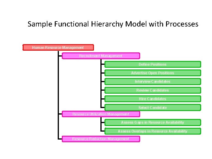 Sample Functional Hierarchy Model with Processes Human Resource Management Recruitment Management Define Positions Advertise