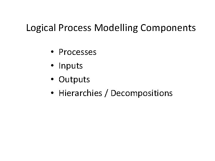 Logical Process Modelling Components • • Processes Inputs Outputs Hierarchies / Decompositions 