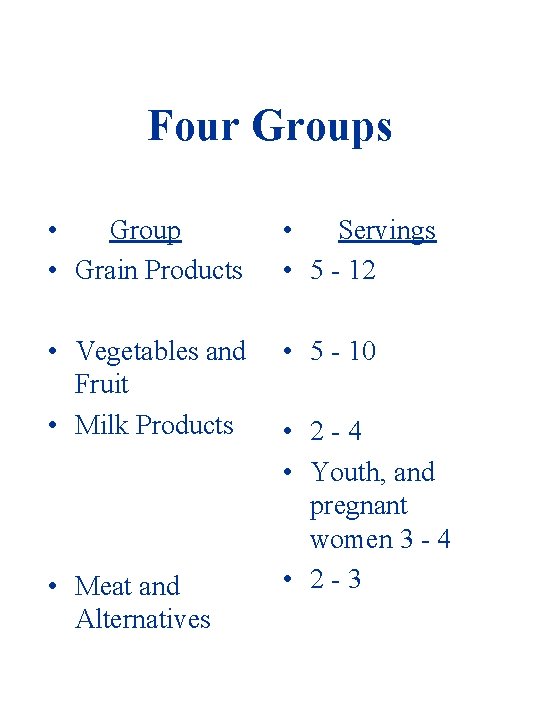 Four Groups • Group • Grain Products • Servings • 5 - 12 •