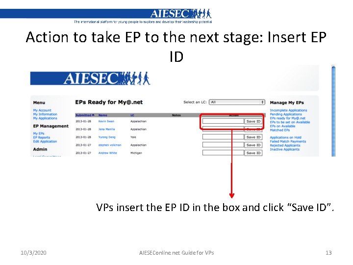 Action to take EP to the next stage: Insert EP ID VPs insert the