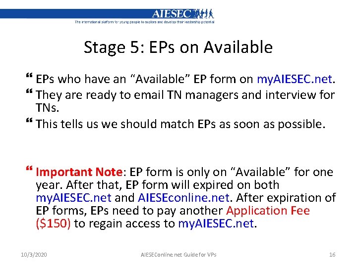 Stage 5: EPs on Available EPs who have an “Available” EP form on my.
