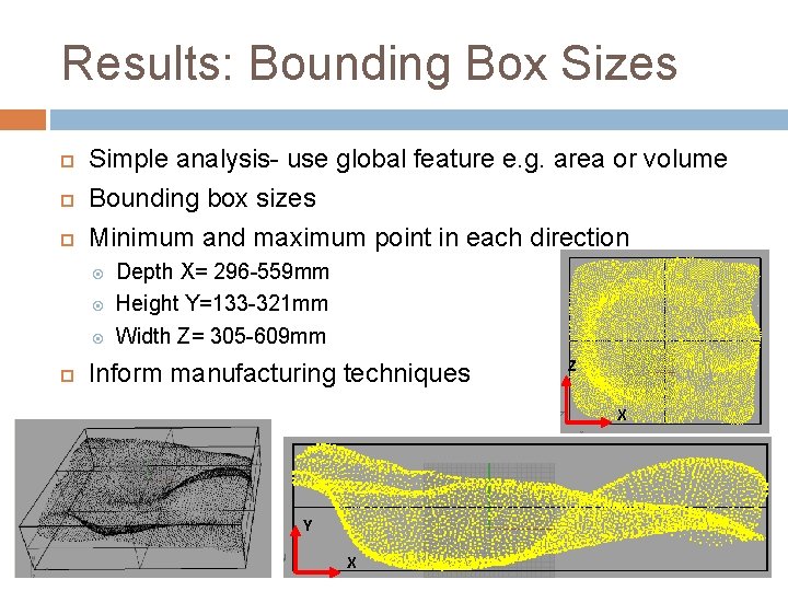Results: Bounding Box Sizes Simple analysis- use global feature e. g. area or volume Results: Bounding Box Sizes Simple analysis- use global feature e. g. area or volume