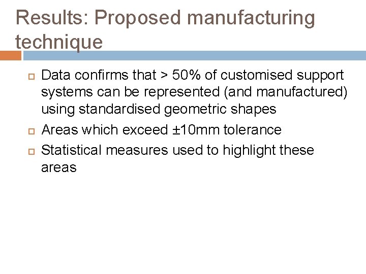 Results: Proposed manufacturing technique Data confirms that > 50% of customised support systems can Results: Proposed manufacturing technique Data confirms that > 50% of customised support systems can