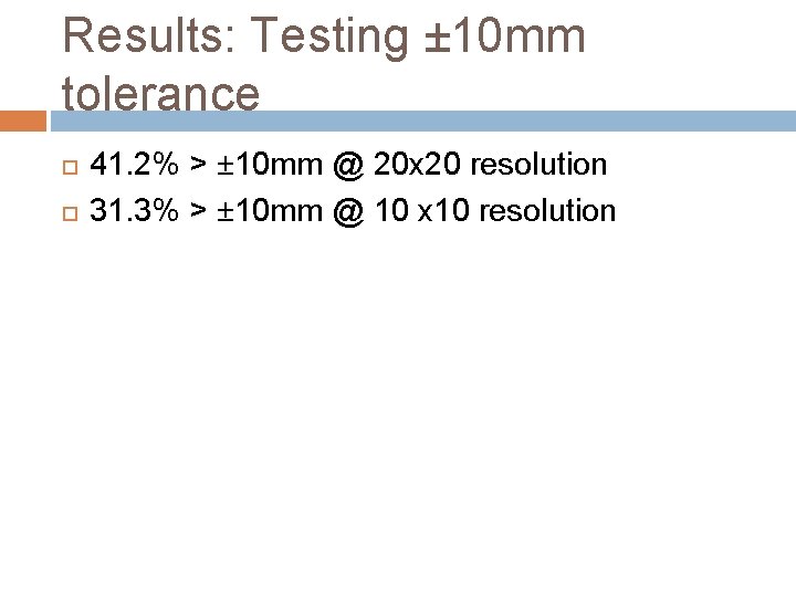 Results: Testing ± 10 mm tolerance 41. 2% > ± 10 mm @ 20 Results: Testing ± 10 mm tolerance 41. 2% > ± 10 mm @ 20