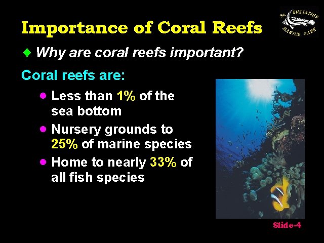 Importance of Coral Reefs ¨ Why are coral reefs important? Coral reefs are: ·