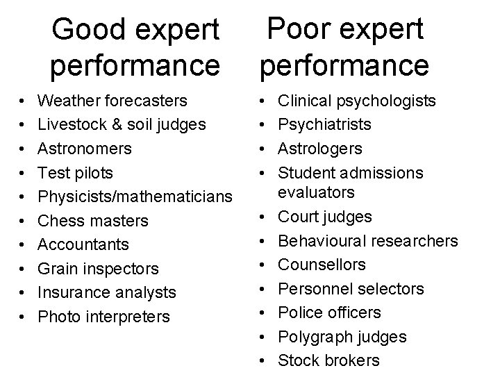 Good expert performance • • • Weather forecasters Livestock & soil judges Astronomers Test