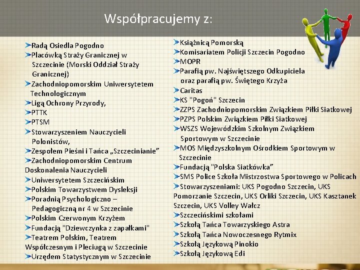 Współpracujemy z: Radą Osiedla Pogodno Placówką Straży Granicznej w Szczecinie (Morski Oddział Straży Granicznej)
