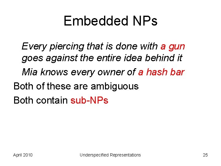 Embedded NPs Every piercing that is done with a gun goes against the entire