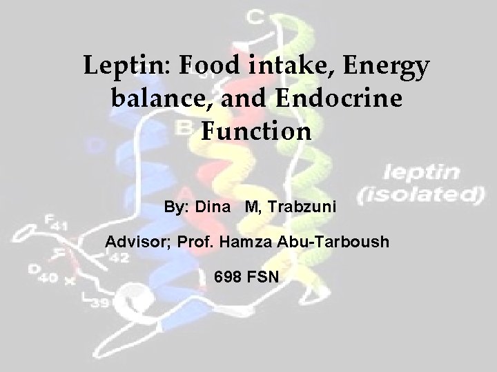 Leptin: Food intake, Energy balance, and Endocrine Function By: Dina M, Trabzuni Advisor; Prof.