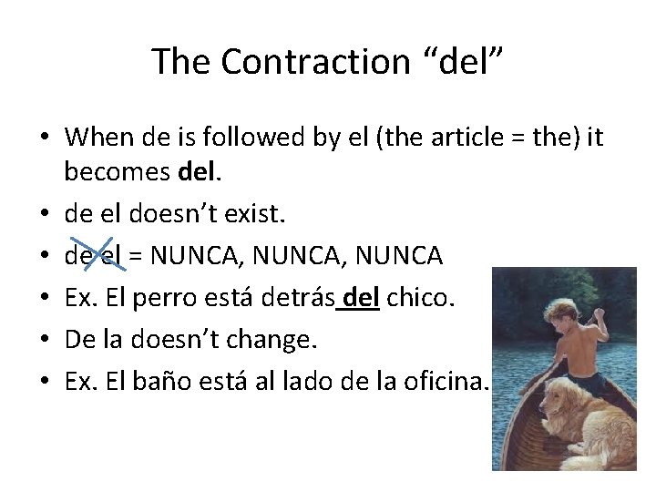 The Contraction “del” • When de is followed by el (the article = the)