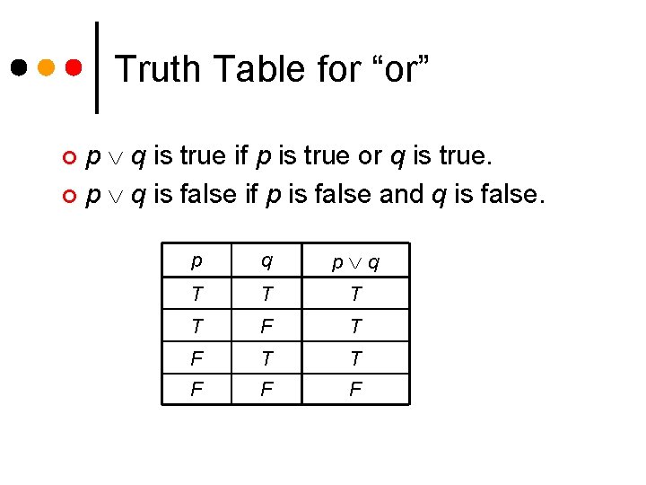 Truth Table for “or” p q is true if p is true or q