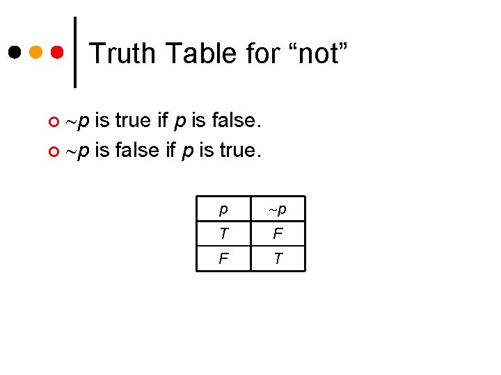 Truth Table for “not” p is true if p is false. ¢ p is