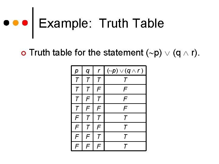 Example: Truth Table ¢ Truth table for the statement ( p) (q r). p