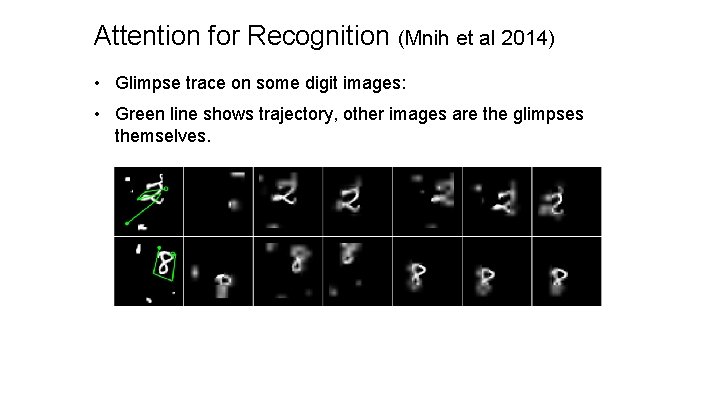 Attention for Recognition (Mnih et al 2014) • Glimpse trace on some digit images: