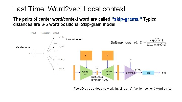 Last Time: Word 2 vec: Local context The pairs of center word/context word are