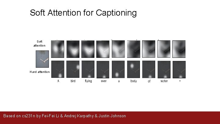 Soft Attention for Captioning Soft attention Hard attention Based on cs 231 n by