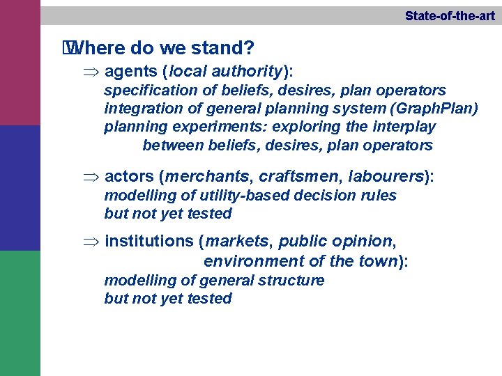 State-of-the-art � Where do we stand? Þ agents (local authority): specification of beliefs, desires,