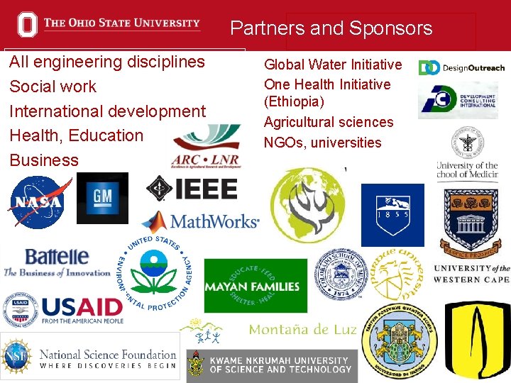 Partners and Sponsors All engineering disciplines Social work International development Health, Education Business Global