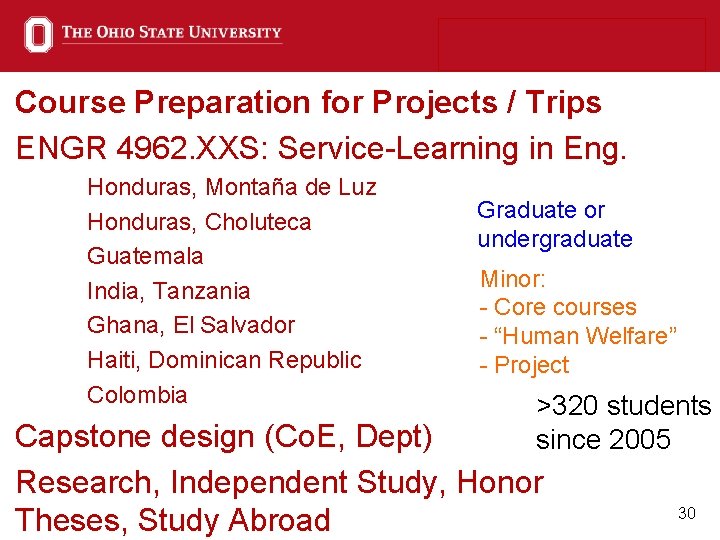 Course Preparation for Projects / Trips ENGR 4962. XXS: Service-Learning in Eng. Honduras, Montaña