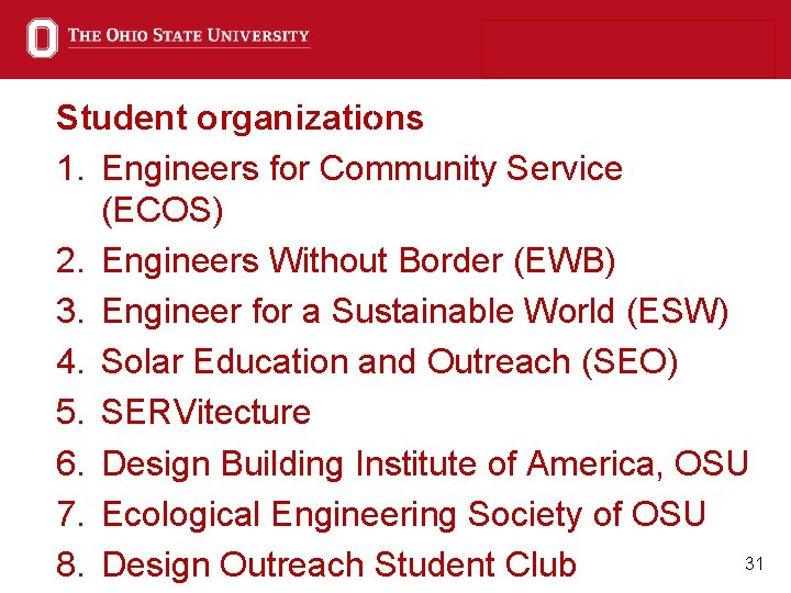 Student organizations 1. Engineers for Community Service (ECOS) 2. Engineers Without Border (EWB) 3.
