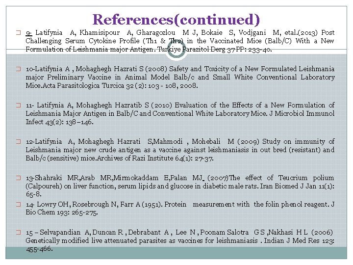 References(continued) � 9 - Latifynia A, Khamisipour A, Gharagozlou M J, Bokaie S, Vodjgani