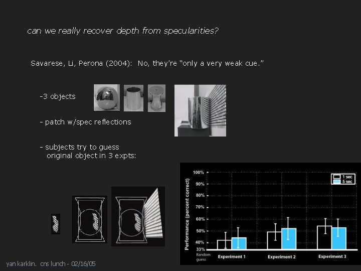 can we really recover depth from specularities? Savarese, Li, Perona (2004): No, they’re “only