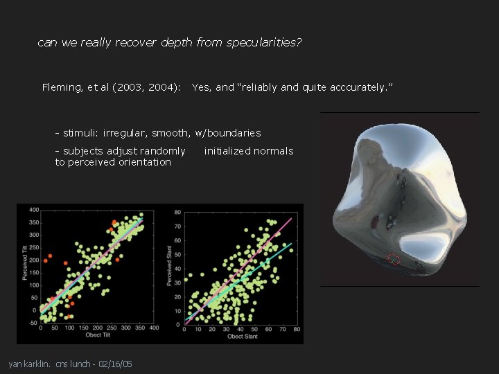 can we really recover depth from specularities? Fleming, et al (2003, 2004): Yes, and