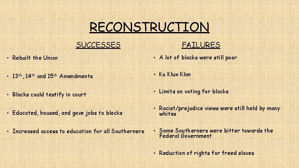 RECONSTRUCTION SUCCESSES FAILURES • Rebuilt the Union • A lot of blacks were still