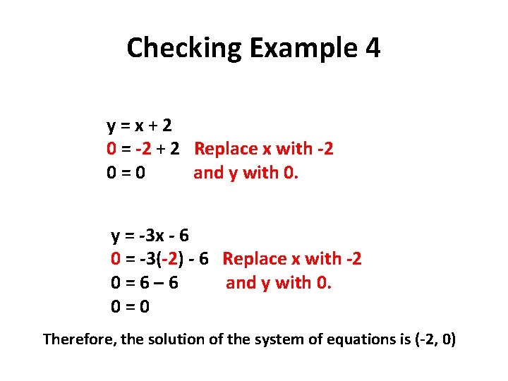 Checking Example 4 y=x+2 0 = -2 + 2 Replace x with -2 0=0