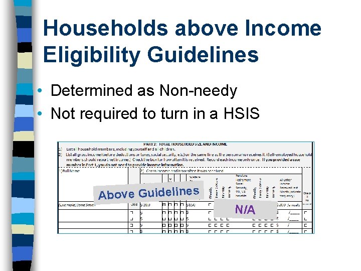 Households above Income Eligibility Guidelines • Determined as Non-needy • Not required to turn Households above Income Eligibility Guidelines • Determined as Non-needy • Not required to turn