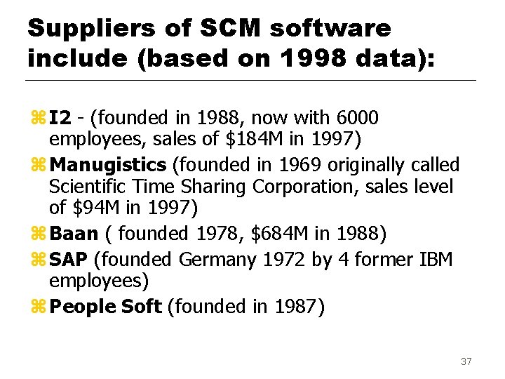 Suppliers of SCM software include (based on 1998 data): z I 2 - (founded