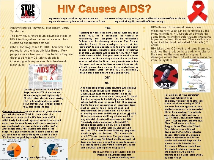 http: //www. livingwithouthivdrugs. com/dazm. htm http: //www. nobelprize. org/nobel_prizes/medicine/laureates/1905/koch-bio. html http: //topdocumentaryfilms. com/hiv-aids-fact-or-fraud/ http: