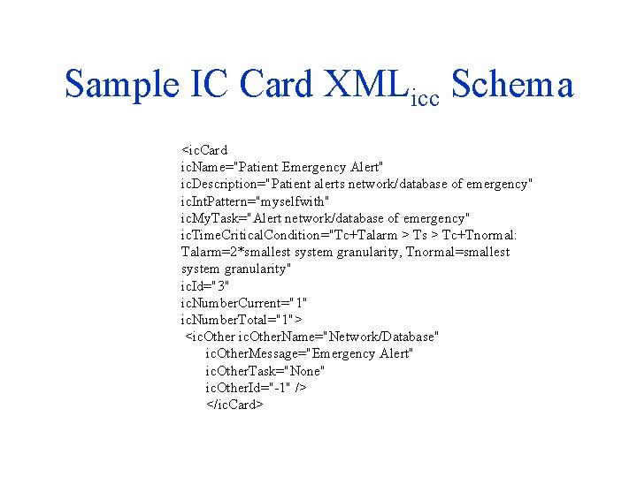 Sample IC Card XMLicc Schema <ic. Card ic. Name="Patient Emergency Alert" ic. Description="Patient alerts
