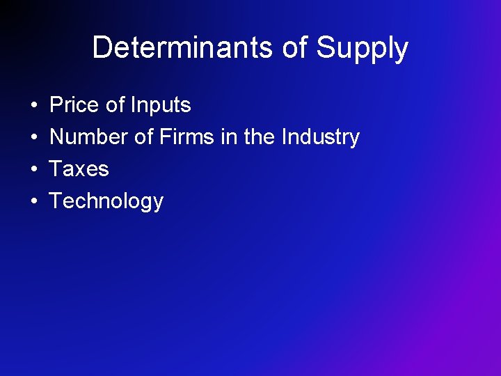 Determinants of Supply • • Price of Inputs Number of Firms in the Industry Determinants of Supply • • Price of Inputs Number of Firms in the Industry